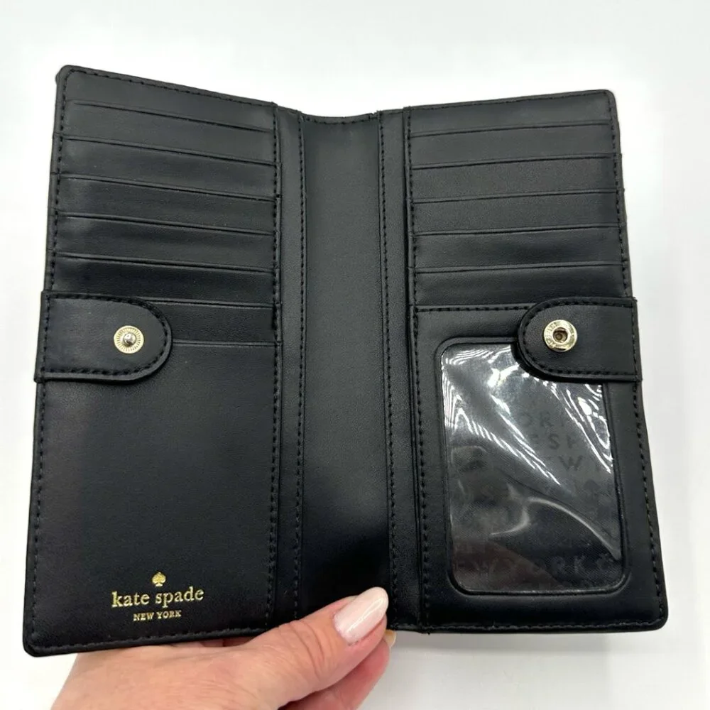💰SALE💰 Kate Spade Leather Polka Dot Slim Snap Bifold Wallet Black/Light Beige - Picture 9 of 14